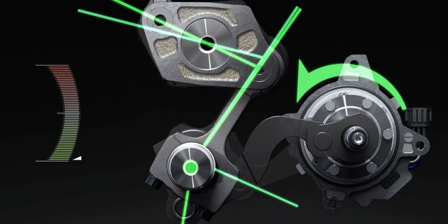 The variable compression engine uses a complex linkage to change the stroke of the piston.
