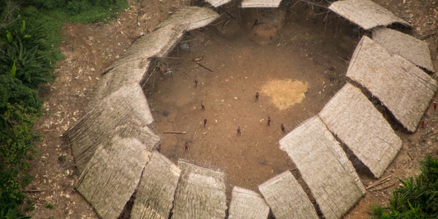 Uncontacted Yanomami yano (communal house) in the Brazilian Amazon, photographed from the air in 2016