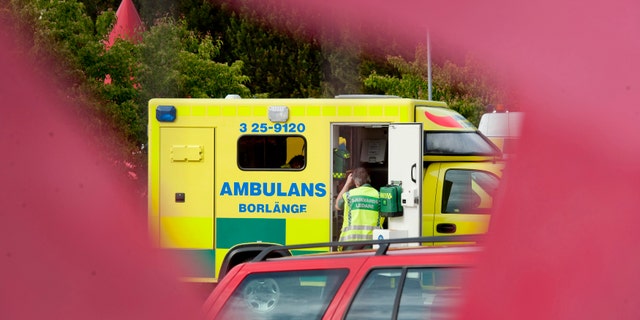 File photo - An ambulance is seen outside the Peace & Love music festival near Borlange, central Sweden, June 26, 2012. Seventeen festivalgoers had to be taken to hospital with minor injuries after been struck by lightning at the festival site. (REUTERS/Ulf Palm/Scanpix)