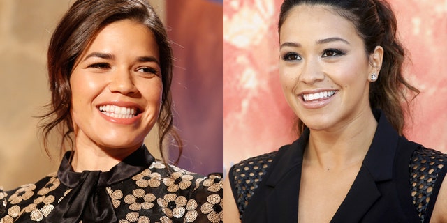 Actress America Ferrera (left) sits on stage during nominations for the 73rd annual Golden Globe Awards in Beverly Hills, California December 10, 2015. Actress Gina Rodriquez on the right.