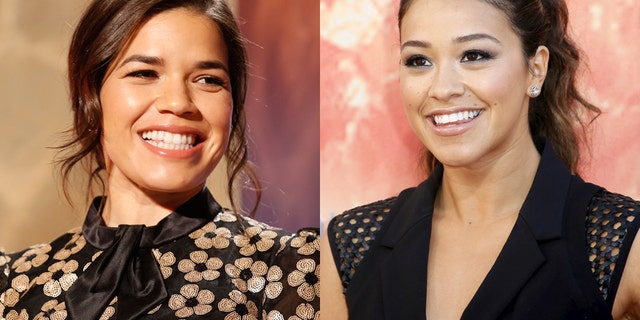 Actress America Ferrera (left) sits on stage during nominations for the 73rd annual Golden Globe Awards in Beverly Hills, California December 10, 2015. Actress Gina Rodriquez on the right.