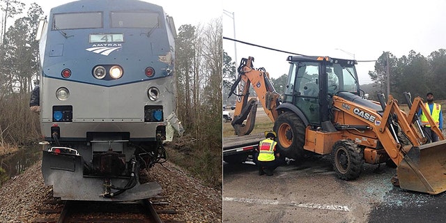 An Amtrak train struck a trailer carrying construction equipment in Slidell, La., but no injuries were reported.