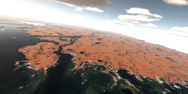 Mars may have been covered with a vast ocean about 3 billion years ago, as shown in this artist's rendition based on actual topography of Mars from NASA Mars Orbiter Laser Altimeter.