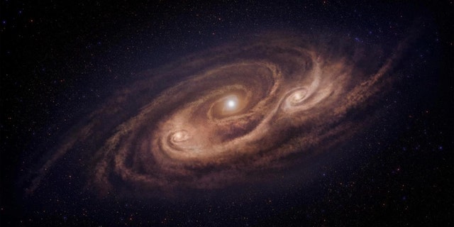 An artist's illustration of AzTEC-1 reveals its three dense clouds of stars. Credit: National Astronomical Observatory of Japan