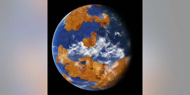 Observations suggest Venus may have had water oceans in its distant past. A land-ocean pattern like that above was used in a climate model to show how storm clouds could have shielded ancient Venus from strong sunlight and made the planet habitable