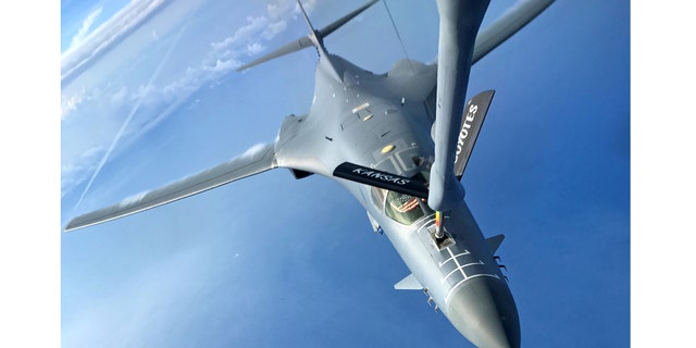 One of two U.S. Air Force B-1B Lancer aircraft is refueled during a mission to fly in the vicinity of Kyushu, Japan, the East China Sea, and the Korean peninsula June 20, 2017. North Korea is setting its sites on Guam because it has two key military bases the U.S. uses to conduct exercises in Southeast Asia