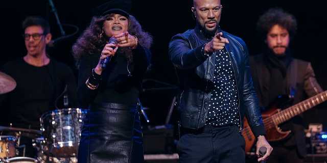 Andra Day, left, and Common performs during the "People's State of the Union" event at The Town Hall in New York, Monday, Jan. 29, 2018.