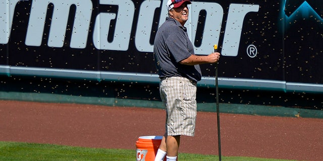 Sept. 22, 2013: Apiarist John Potom, of Honey Pacifica, deals with a swarm of bees that held up a baseball game between the Los Angeles Angels and the Seattle Mariners for several minutes during the third inning on in Anaheim, Calif.