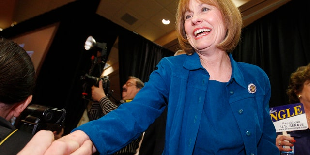 June 8: Nevada Republican Senate candidate Sharron Angle shakes hands of supporters in Las Vegas.