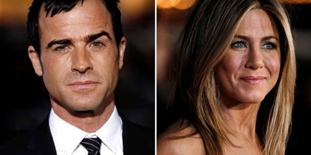 This combo made from Feb. 16, 2012 file photos shows Justin Theroux, left, and Jennifer Aniston. Aniston's rep, Stephen Huvane, on Sunday, Aug. 12, 2012 confirmed to The Associated Press that Theroux and the actress are engaged. It was first reported by People.com. (AP Photo/Matt Sayles, File)