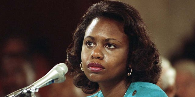 This file photo from 1991 shows Anita Hill, then University of Oklahoma Law Professor, testifying in front of the Senate Judiciary Committee that she was sexually harassed by Clarence Thomas.