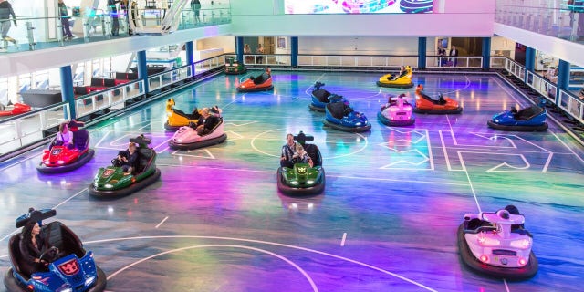 The SeaPlex, a bi-level Deck 15 play zone offering basketball, bumper cars, roller skating, and even a circus school with a flying trapeze.