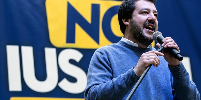 Northern League party leader Matteo Salvini delivers a speech during a demonstration against the Ius Soli law granting citizenship to immigrants' children in Rome, Sunday, Dec. 10, 2017.