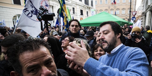 Northern League party leader Matteo Salvini attends demonstration opposing easier Italian citizenship for foreigners in Rome, Italy, Dec. 10, 2017.