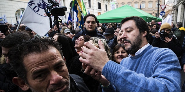 Northern League party leader Matteo Salvini attends demonstration opposing easier Italian citizenship for foreigners in Rome, Italy, Dec. 10, 2017.
