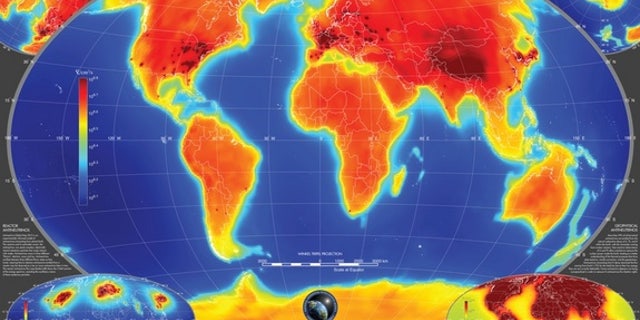 The first-ever global map of antineutrinos produced by natural and human-made sources, with the latter making up less than 1 percent of the total.