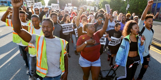 A protest march against the shooting death of Antwon Rose Jr. on June 26 in Pittsburgh. Rose was shot and killed by a police officer seconds after he fled a traffic stop June 19, in the suburb of East Pittsburgh.