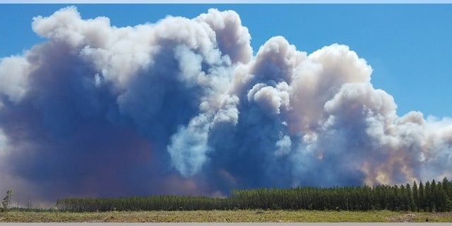 Smoke is seen rising from a wildfire around Fargo, Georgia on Saturday. Residents in St. George, Canaday Loop and Moniac have been ordered to evacuate.