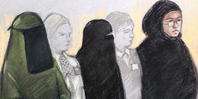 Court artist sketch by Elizabeth Cook of three women,  Mina Dich, 43, left, Rizlaine Boular, 21, centre,  and Khawla Barghouthi, 20, right,  appearing at Westminster Magistrates Court  in London charged with preparing a terrorist act and conspiracy to murder, Thursday May 11, 2017. Boular, of central London, was shot by police during a raid by elite armed offices at a terraced house in Harlesden Road, north London, on April 27. (Elizabeth Cook/PA via AP)