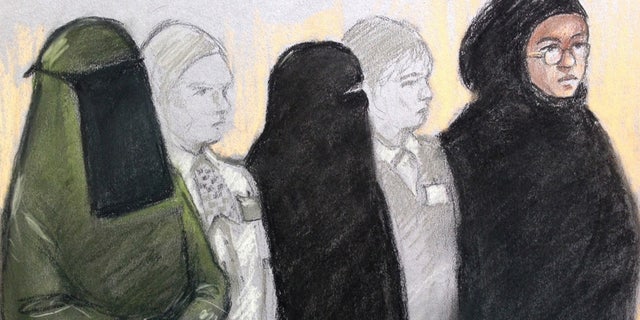 Court artist sketch by Elizabeth Cook of three women, Mina Dich, 43, left, Rizlaine Boular, 21, centre, and Khawla Barghouthi, 20, right, appearing at Westminster Magistrates Court in London charged with preparing a terrorist act and conspiracy to murder, Thursday May 11, 2017. Boular, of central London, was shot by police during a raid by elite armed offices at a terraced house in Harlesden Road, north London, on April 27. (Elizabeth Cook/PA via AP)