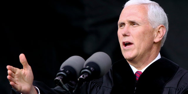 Vice President Michael Pence speaks at the commencement ceremony at Grove City College, Saturday, May 20, 2017, in Grove City, Pa.(AP Photo/Keith Srakocic)