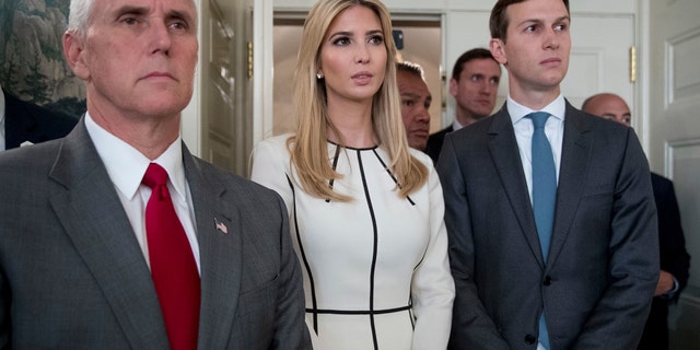 From left, Vice President Mike Pence, Ivanka Trump, daughter of President Donald Trump, and White House Senior Adviser Jared Kushner listen as President Donald Trump speaks in the Diplomatic Room of the White House in Washington, Wednesday, June 14, 2017, about the shooting in Alexandria, Va. where House Majority Whip Steve Scalise of La., and others, where shot during a Congressional baseball practice. (AP Photo/Andrew Harnik)
