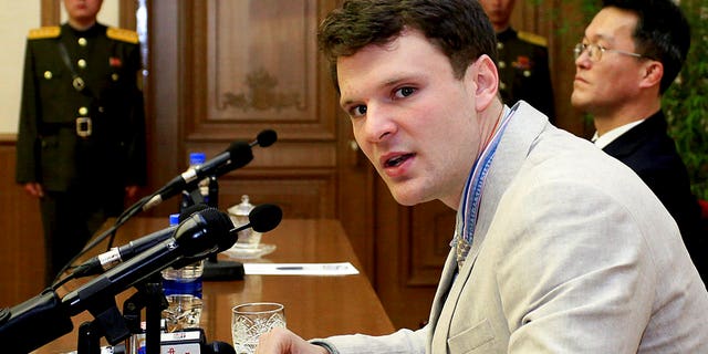 Otto Warmbier speaking as he was presented to reporters in Pyongyang, North Korea, in February 2016.
