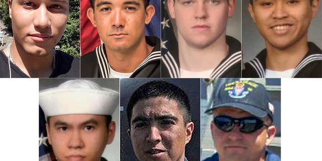 From top left to right, Personnel Specialist 1st Class Xavier Alec Martin, 24, from Halethorpe, Md.; Yeoman 3rd Class Shingo Alexander Douglass, 25, from San Diego, Calif.; Gunner's Mate Seaman Dakota Kyle Rigsby, 19, from Palmyra, Va.; and Fire Controlman 2nd Class Carlos Victor Ganzon Sibayan, 23, from Chula Vista, Calif. From bottom left to right, Sonar Technician 3rd Class Ngoc T Truong Huynh, 25, from Oakville, Conn.; Gunner's Mate 2nd Class Noe Hernandez, 26, from Weslaco, Texas; and Fire Controlman 1st Class Gary Leo Rehm Jr., 37, from Elyria, Ohio.