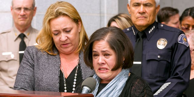 Ana Estevez, center, the mother of Aramazd Andressian Jr., tearfully addressed reporters on May 17, 2017.