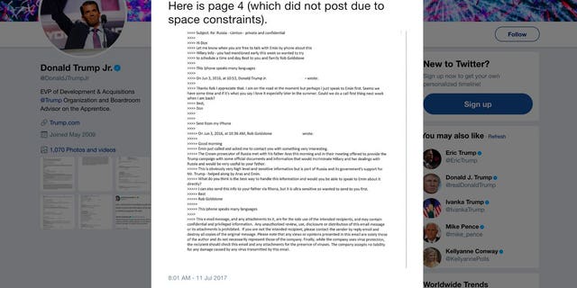 This screenshot shows a tweet posted Tuesday, July 11, 2017, by Donald Trump Jr. on his Twitter account, in which he reveals an email chain with publicist Rob Goldstone in June 2016. In the email, he discusses plans to hear damaging information on Hillary Clinton that were described as "part of Russia and its government's support for Mr. Trump." (Twitter via AP)