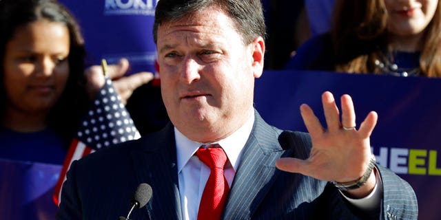 Indiana Rep. Todd Rokita speaks during a news conference outside of the Indiana Statehouse Wednesday, Aug. 9, 2017, in Indianapolis. Rokita is entering the Republican Senate primary in an effort to unseat Sen. Joe Donnelly. (AP Photo/Darron Cummings)