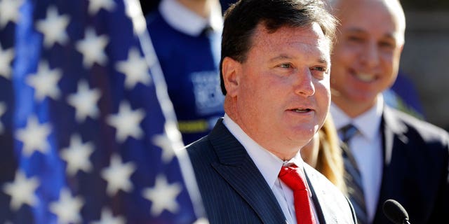 Indiana Rep. Todd Rokita speaks during a news conference outside of the Indiana Statehouse Wednesday, Aug. 9, 2017, in Indianapolis. Rokita is entering the Republican Senate primary in an effort to unseat Sen. Joe Donnelly. (AP Photo/Darron Cummings)