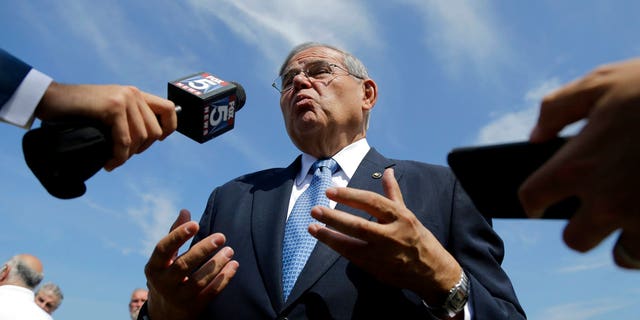 U.S. Sen. Bob Menendez takes questions after a news conference Aug. 17, 2017, in Union Beach, N.J.