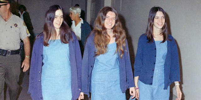 Aug. 20, 1970: Susan Atkins, left, Patricia Krenwinkel, center, and Leslie Van Houten, right, walk to court to appear for their roles in 1969 Charles Manson cult killings of seven people.