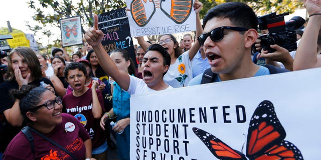Undocumented students hold a rally in support of DACA, the Obama-era program that in part protects certain young undocumented immigrants from deportation.