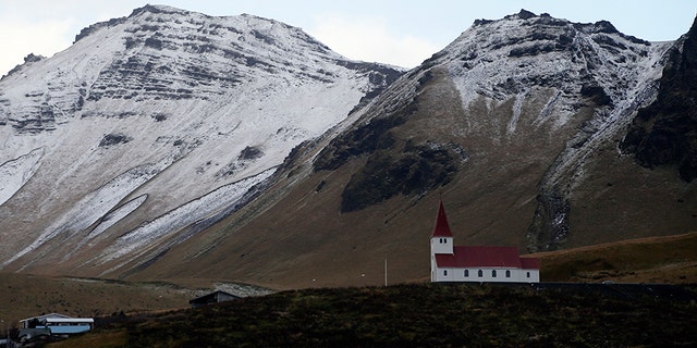 In this Oct. 26, 2016 file photo, the church of Vik, Iceland, near the Volcano Katla.