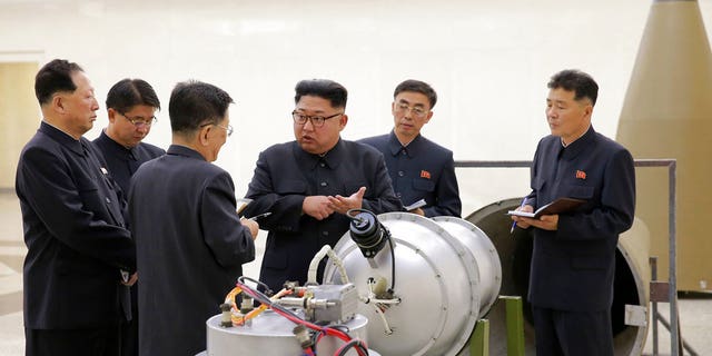 In this undated image distributed on Sunday, Sept. 3, 2017, by the North Korean government, shows North Korean leader Kim Jong Un at an undisclosed location. North Koreaâs state media on Sunday, Sept 3, 2017, said leader Kim Jong Un inspected the loading of a hydrogen bomb into a new intercontinental ballistic missile, a claim to technological mastery that some outside experts will doubt but that will raise already high worries on the Korean Peninsula. Independent journalists were not given access to cover the event depicted in this image distributed by the North Korean government. The content of this image is as provided and cannot be independently verified. (Korean Central News Agency/Korea News Service via AP)