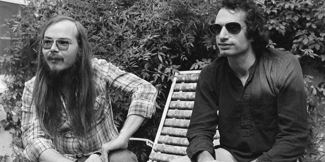 FILE - In this Oct. 29, 1977, file photo, Walter Becker, left, and Donald Fagen of Steely Dan, sit in Los Angeles. Becker, the guitarist, bassist and co-founder of the rock group Steely Dan, has died. He was 67. His official website announced his death Sunday, Sept. 3, 2017, with no further details. (AP Photo/Nick Ut, File)
