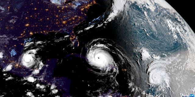 Satellite image on Friday showed Hurricane Irma (center) with Hurricane Katia (left) and Hurricane Jose (right) in the Atlantic Ocean.