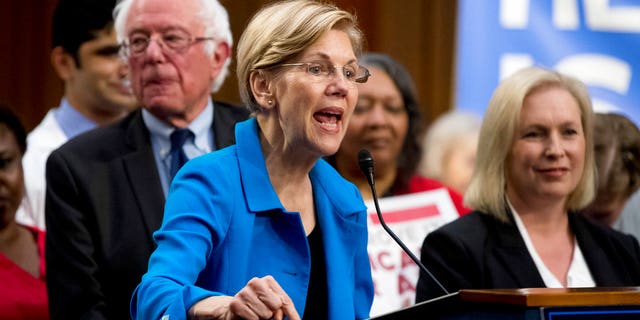 Sen. Elizabeth Warren, D-Mass., speaks in support of Sanders' Medicare for All legislation.