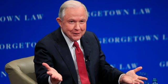 Attorney General Jeff Sessions speaks about free speech at the Georgetown University Law Center in Washington, Tuesday, Sept. 26, 2017. Sessions says the U.S. Justice Department will intervene on behalf of people who sue colleges claiming their free speech rights were violated.(AP Photo/Manuel Balce Ceneta)