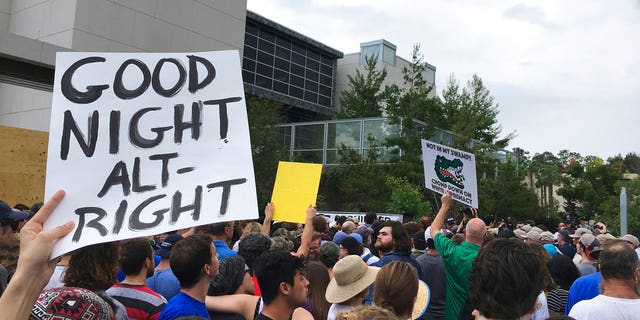 Protesters demonstrate ahead of white nationalist Richard Spencer's speech at the University of Florida, Thursday, Oct. 19, 2017, in Gainesville, Fla.