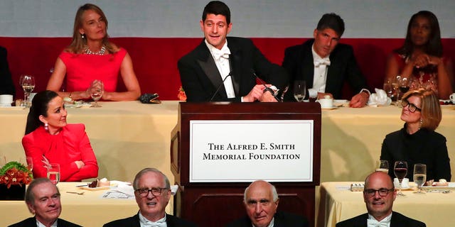 Speaker of the House Paul Ryan speaks during the 72nd Annual Alfred E. Smith Memorial Foundation dinner, Thursday, Oct. 19, 2017, in New York.