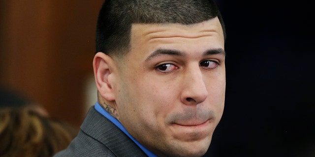 Former New England Patriots tight end Aaron Hernandez appears in court on Friday, April 14, 2017.