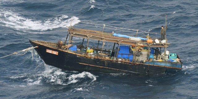 A wooden boat was seen off Matsumae town on Hokkaido Island on Wednesday.