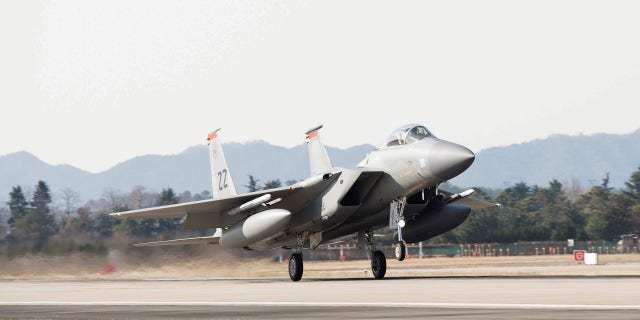 A U.S. Air Force F-15, takes off at Gwangju Airbase, South Korea, during the exercise VIGILANT ACE 18.