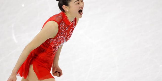 Mirai Nagasu of the United States celebrates after her performance in the women’s free skate during the team competition at the 2018 Winter Olympics. She became the first American woman to land the triple axel in the Olympics.