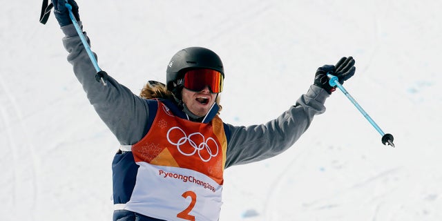 Gold medal winner David Wise, of the United States, reacts to his run during the men's halfpipe final.