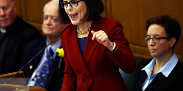January 9, 2017: Oregon Gov. Kate Brown delivers her inaugural speech in the Capitol House chambers in Salem, Ore.