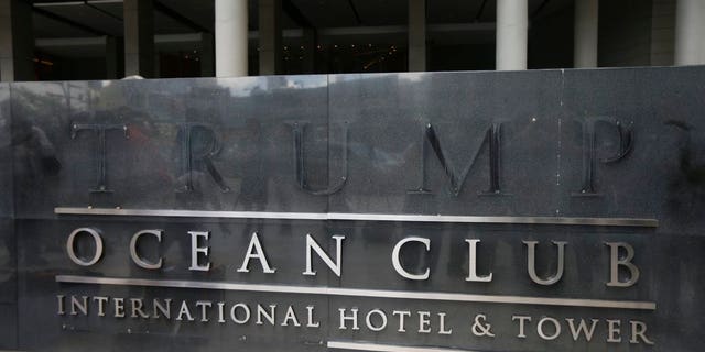 A marquee with the word Trump removed, is seen outside the Trump Ocean Club International Hotel and Tower in Panama City, Monday, March 5, 2018.